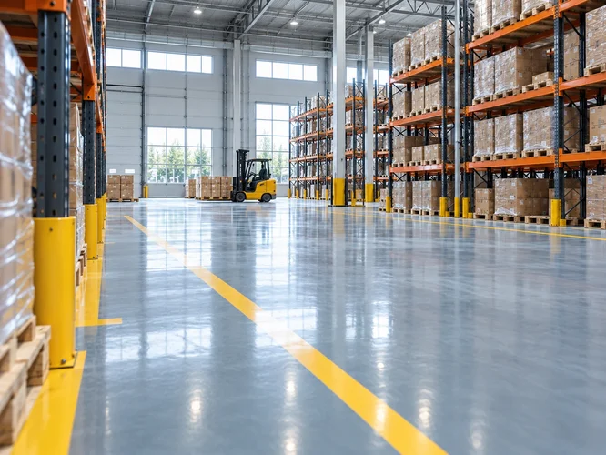 Corridoi di magazzino con pavimento industriale finito